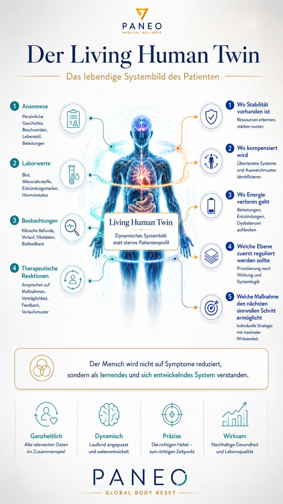 Smartphone-Infografik zum Living Human Twin als lebendiges Systembild des Patienten.